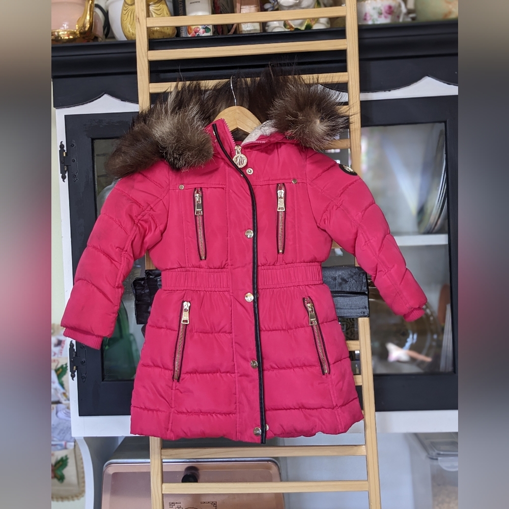 2T Hot pink DKNY fur lined puffer coat with detachable faux fur lined hood